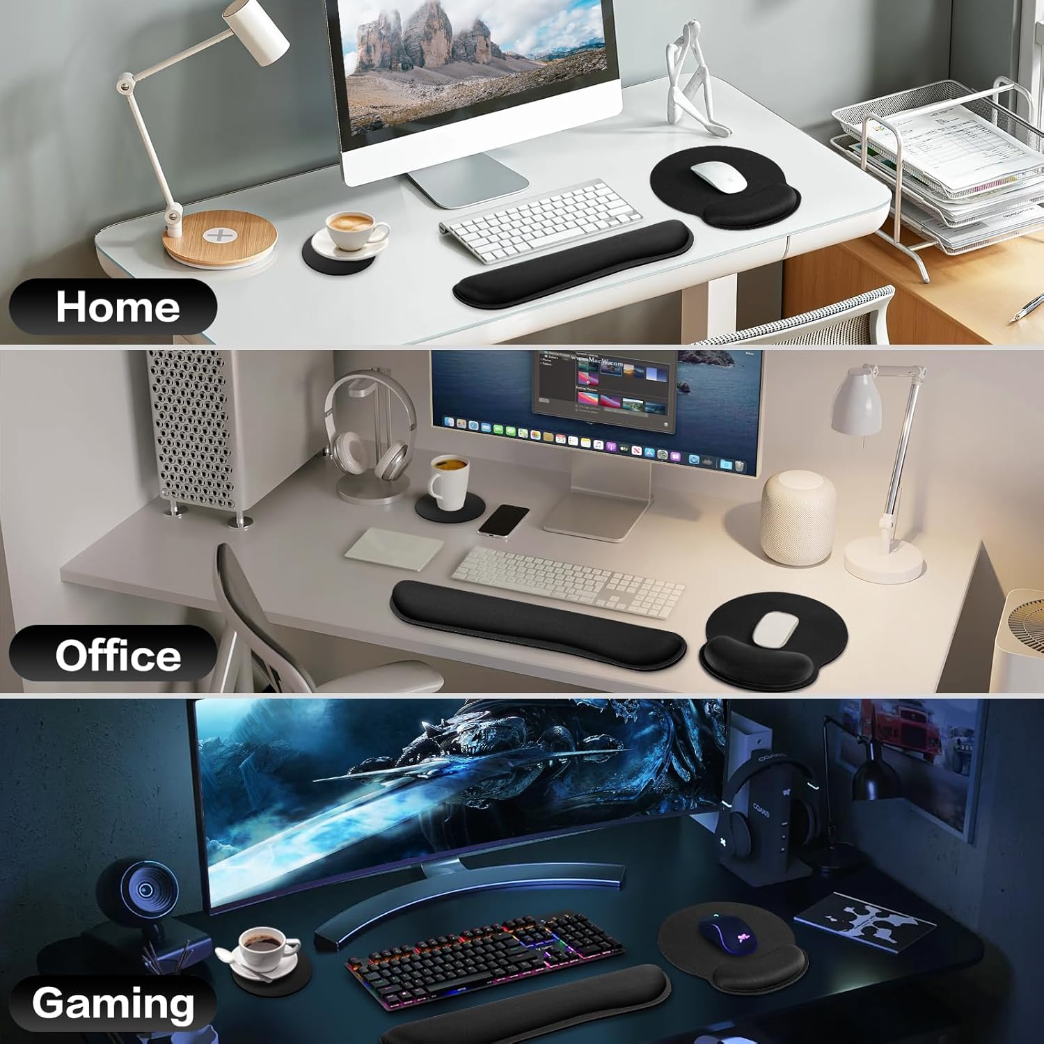 Azeka - Sada 3 v 1 ergonomická podložka pod myš s gelovým polštářkem + podložka pod zápěstí z paměťové pěny + podložka na nápoje