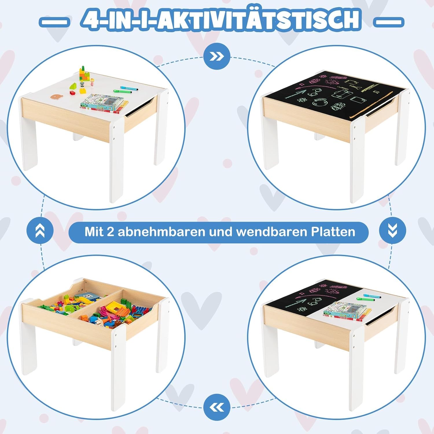 Coswa - sada 4 v 1 Dětský stůl se 2 židlemi s odnímatelnou stolní deskou a úložným prostorem pro předškoláky od 3 let
