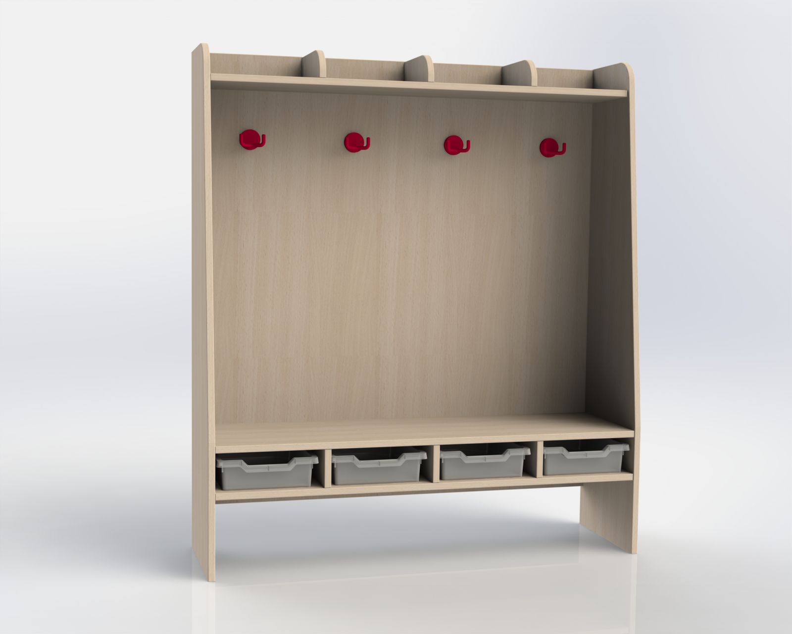 Školní šatnička 4 místná s plastovými boxy