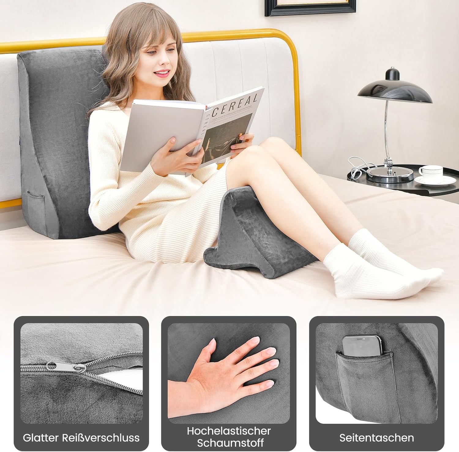 Cowa - ergonomický polštář na čtení se stojánkem na tablet ze studené pěny