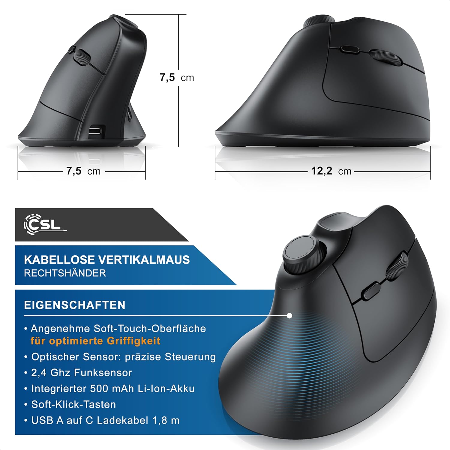 CSL - vertikální ergonomická myš - multimediální s otočným regulátorem