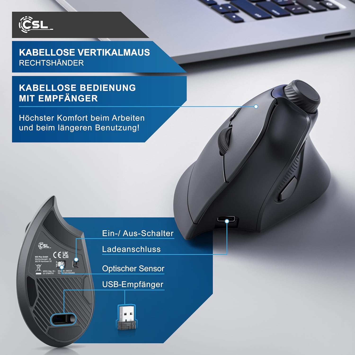 CSL - vertikální ergonomická myš - multimediální s otočným regulátorem