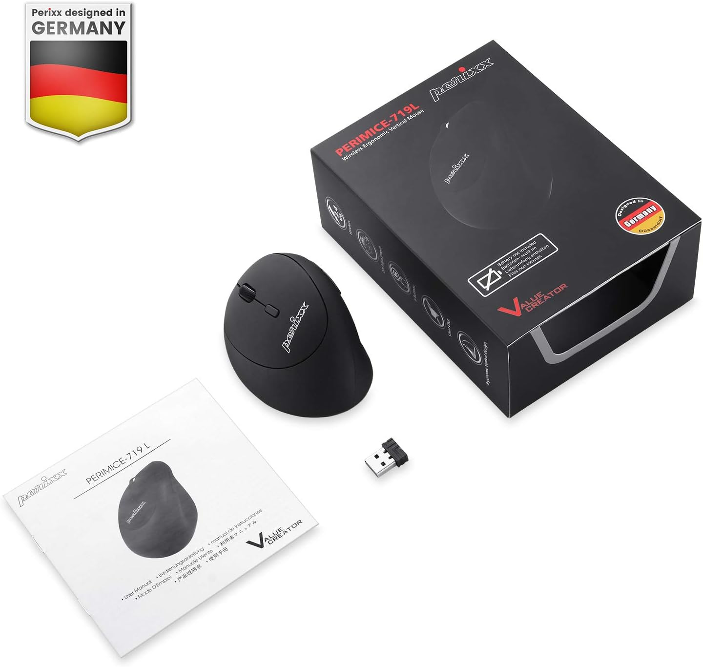 Perixx - ergonomická vertikální myš pro leváky - 3 úrovně DPI (bezdrátová)