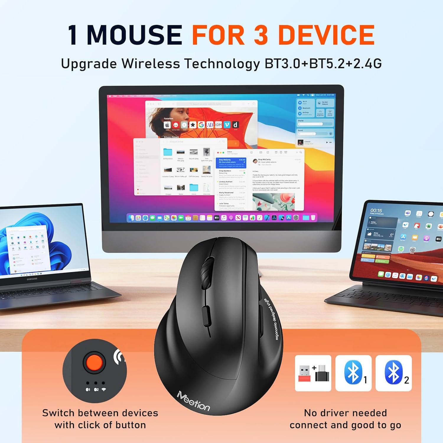 Meetion - ergonomická myš pro leváky - 4 úrovně DPI (bezdrátová)