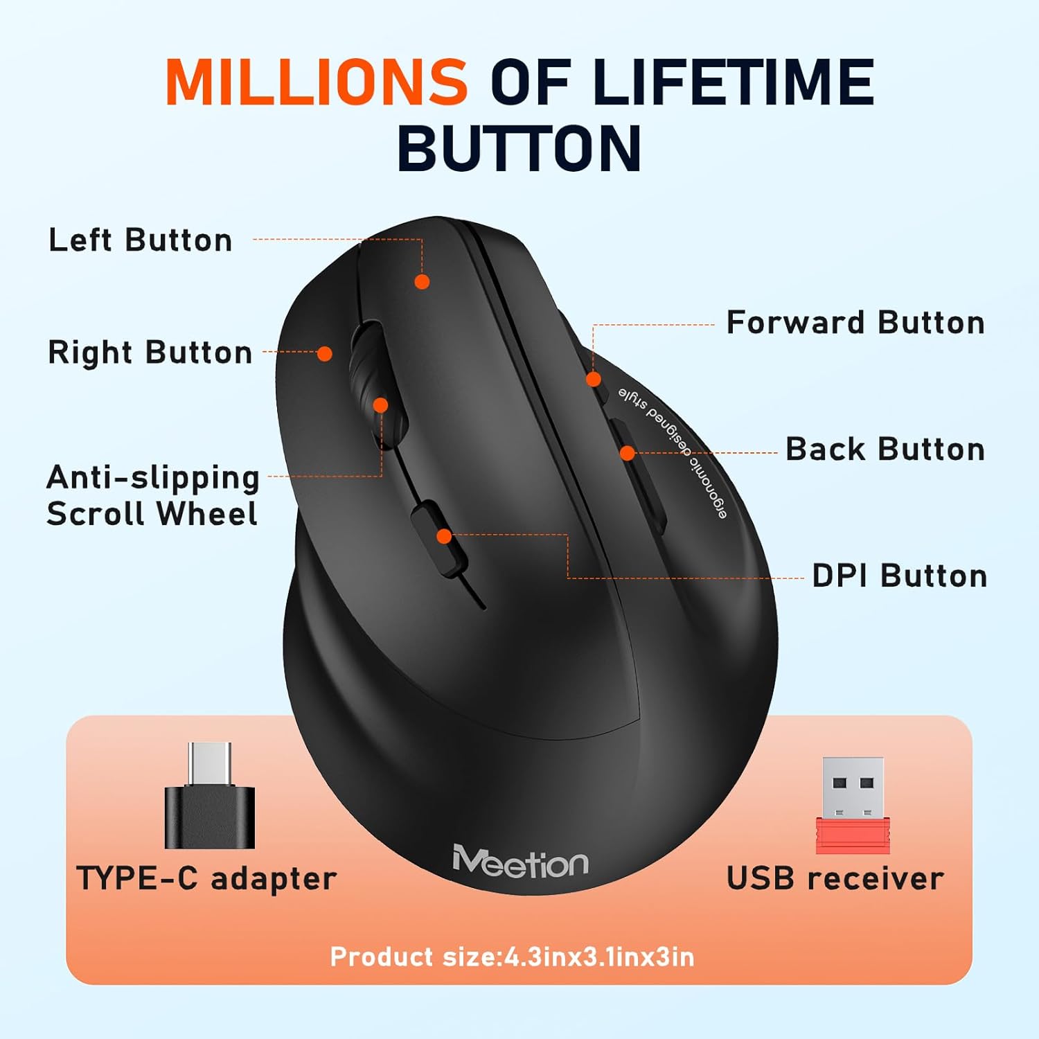 Meetion - ergonomická myš pro leváky - 4 úrovně DPI (bezdrátová)