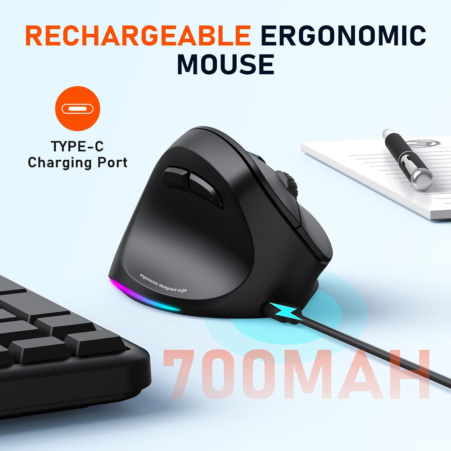 Meetion - ergonomická myš pro leváky - 4 úrovně DPI (bezdrátová)