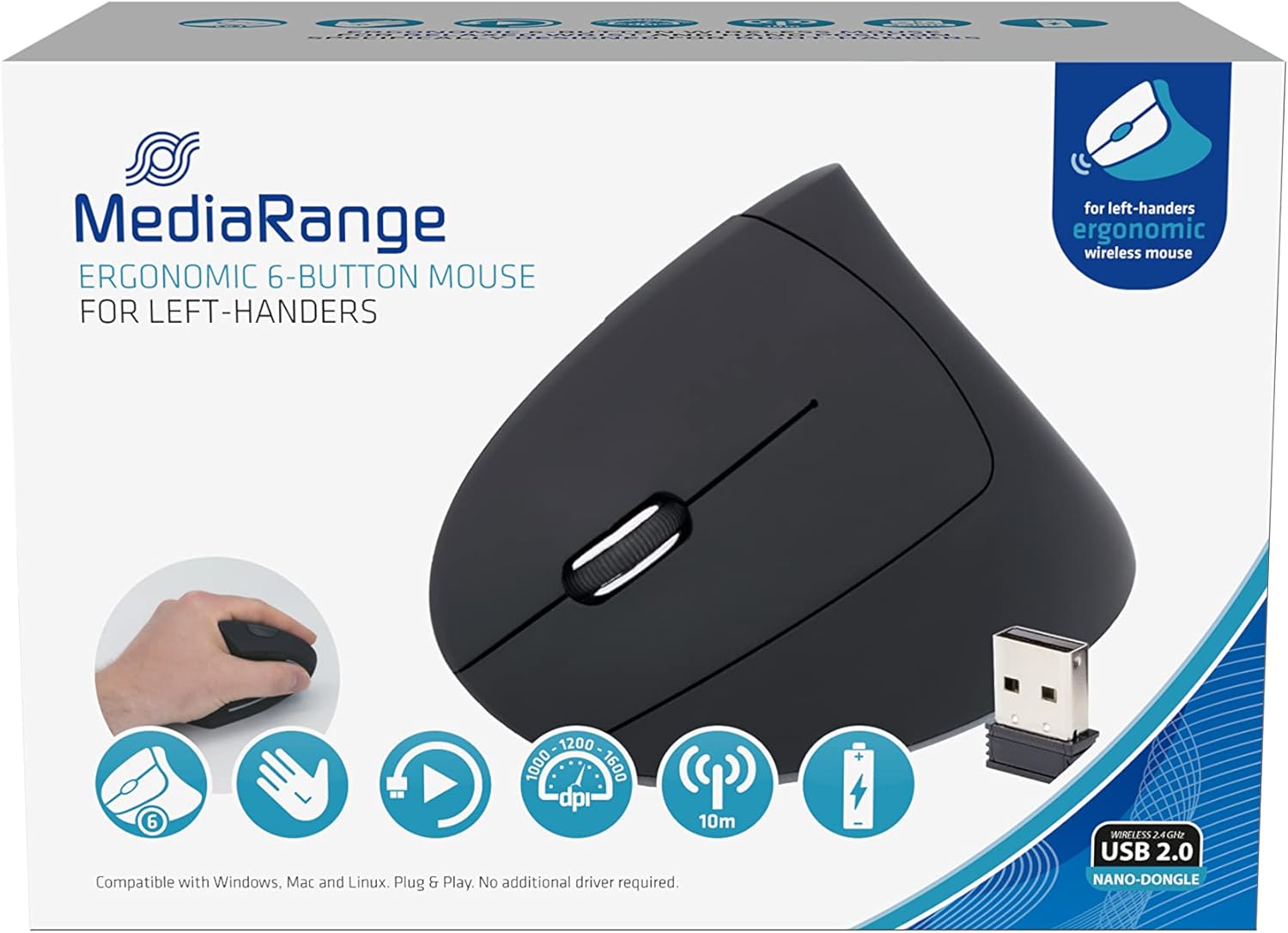 MediaRange - ergonomická 6tlačítková bezdrátová myš pro leváky - 4 úrovně DPI