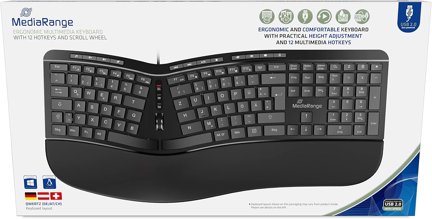 MediaRange - ergonomická multimediální klávesnice s 124 tlačítky, rolovacím kolečkem a USB kabelem