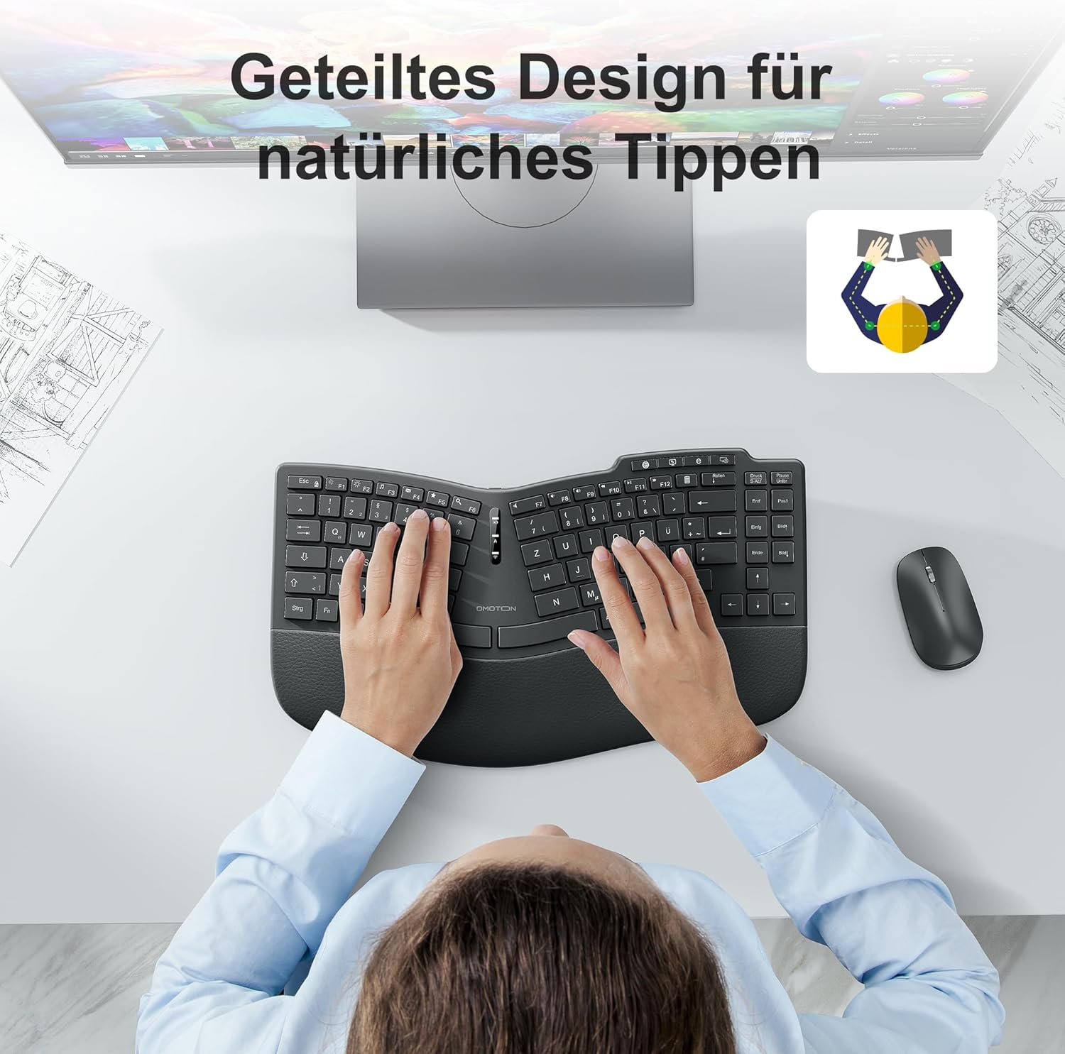 Omoton - ergonomická bezdrátová dobíjecí klávesnice s polstrovanou opěrkou dlaní