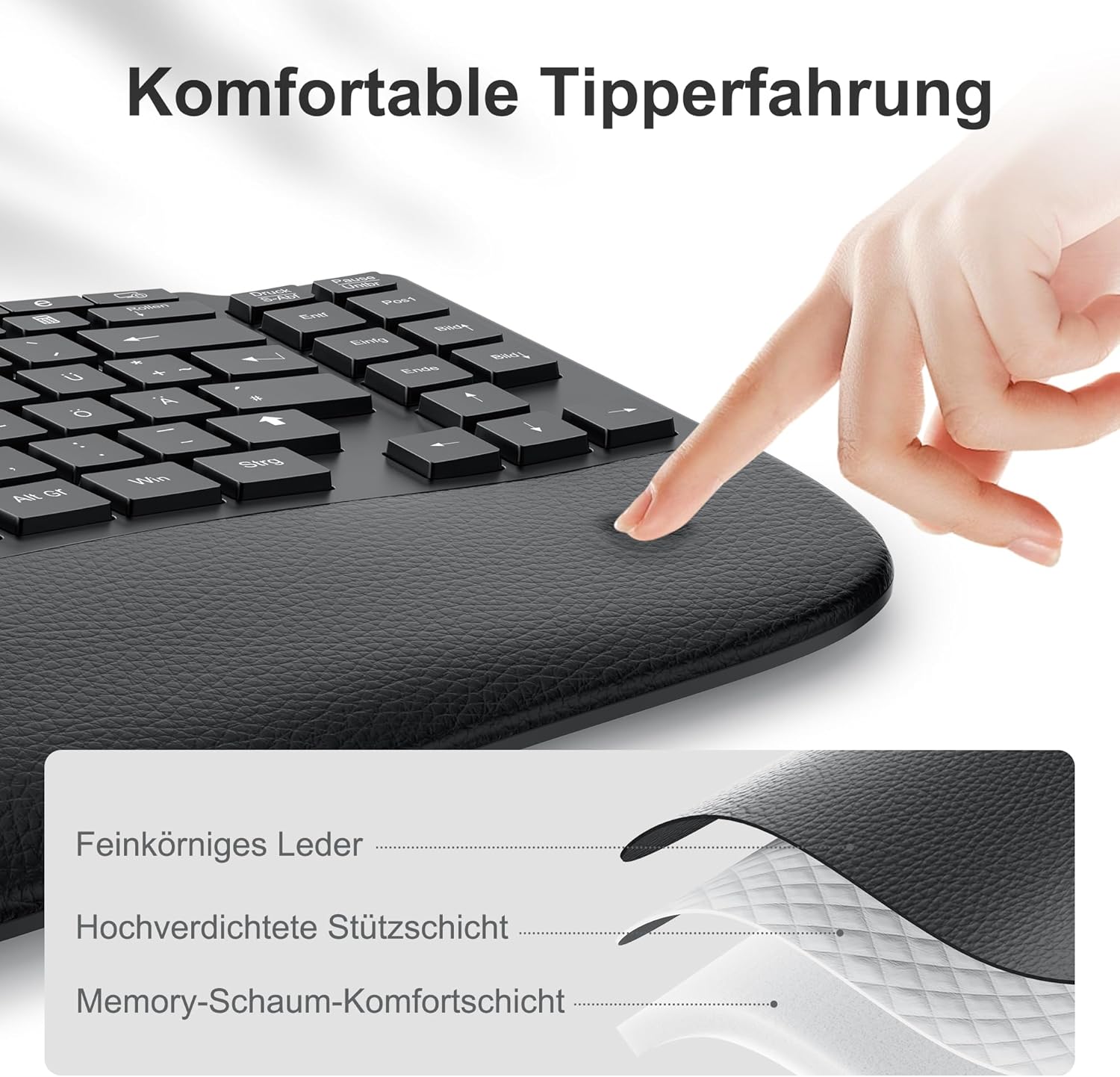 Omoton - ergonomická bezdrátová dobíjecí klávesnice s polstrovanou opěrkou dlaní