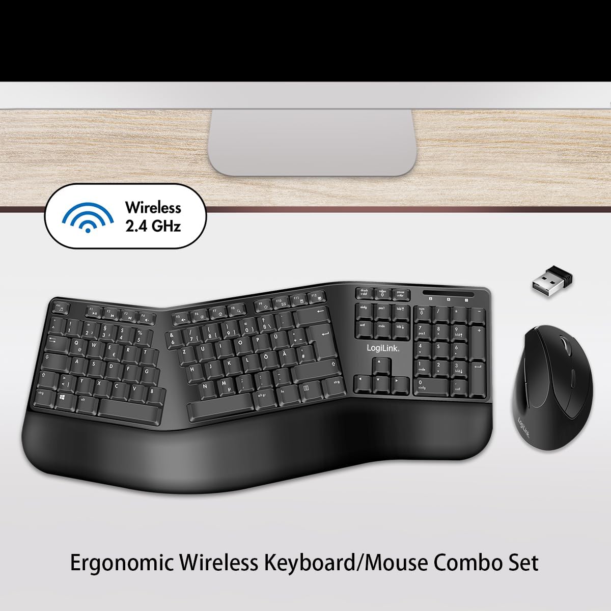 LogiLink - ergonomická sada myši a bezdrátové klávesnice s podložkou zápěstí