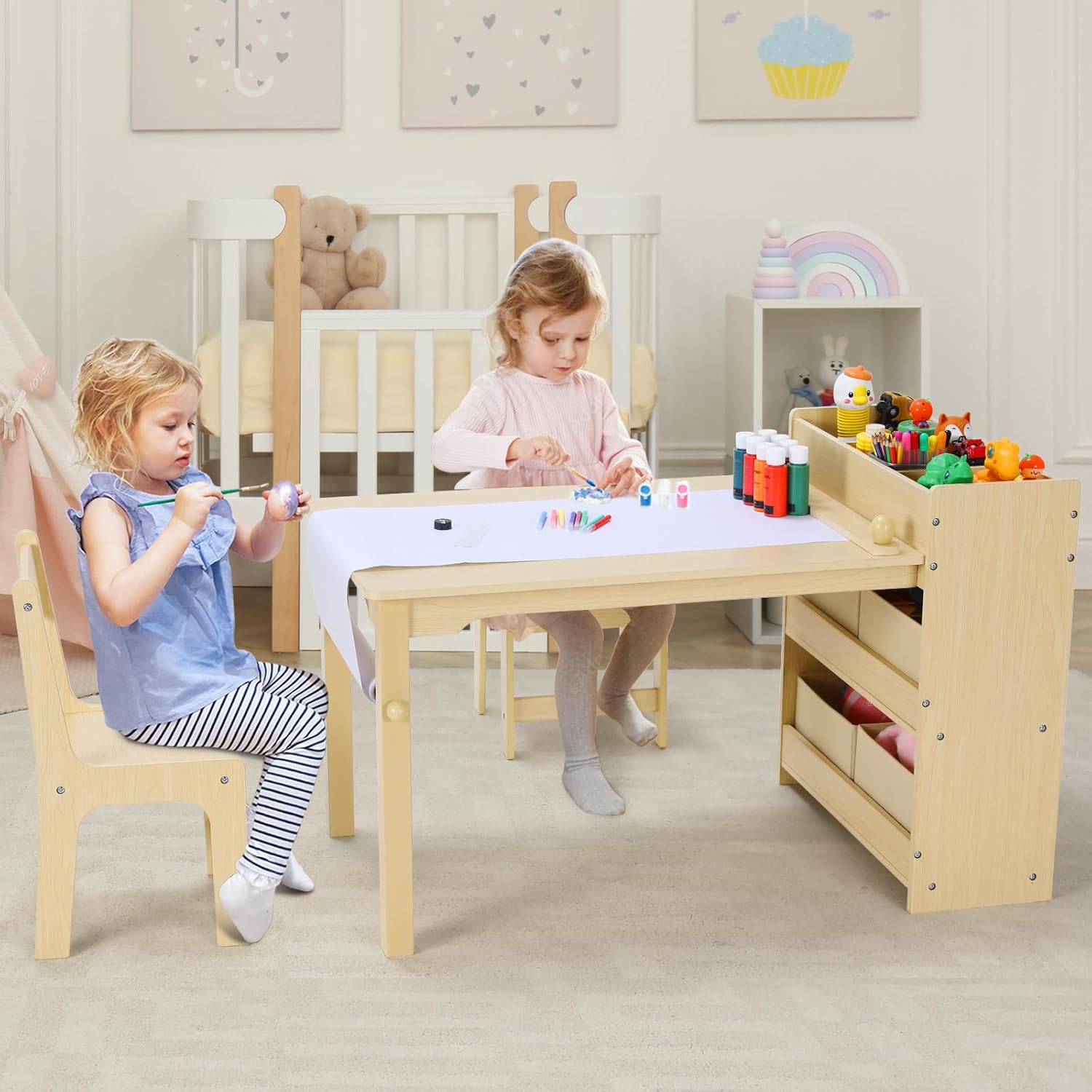 Clevi - Dětský dřevěný stůl se 2 židlemi a úložným prostorem pro malování