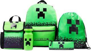 Minecraft 5 dílný školní set - Batoh s taškou na oběd, láhev na pití, penál a pytlík na cvičení